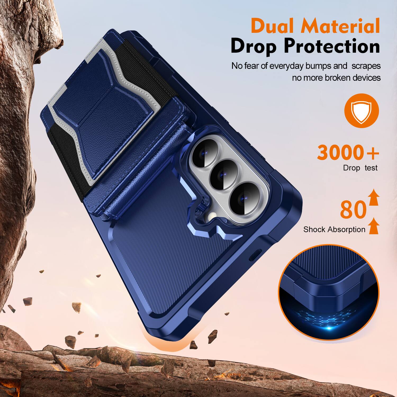 Dual Material Drop Protection  
No fear of everyday bumps and scrapes, no more broken devices  

3000+ Drop test  
80 Shock Absorption