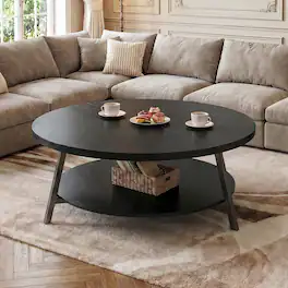 Aheaplus - 35.4'' Round Coffee Table with Storage, 2-Tier Small Modern Coffee Table for Living Room - Black