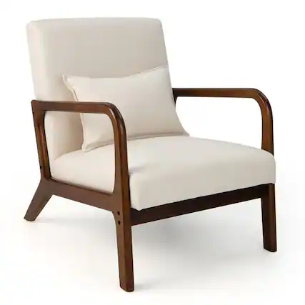 Front. Pefilos - Modern Accent Chair with Rubber Wood Frame and Lumbar Pillow-Beige, Modern Mid-Century Upholstered Living Room Chair - Beige.