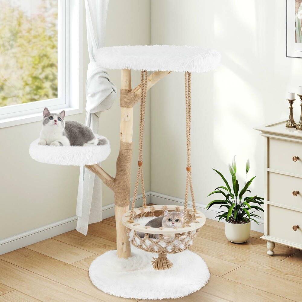 Alt View 1. Kadyn - 48.5-Inch Solid Wood Cat Tree with Hanging Cradle and Jute Post, White - White.