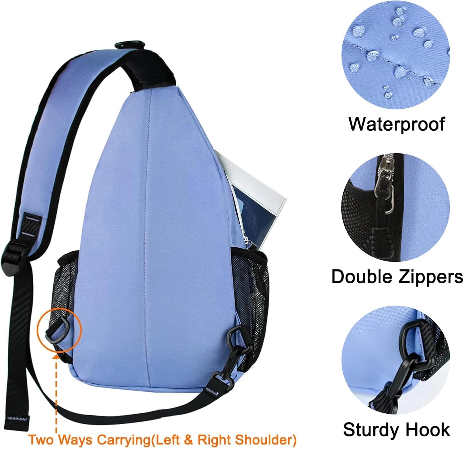 Waterproof  
Double Zippers  
Two Ways Carrying (Left & Right Shoulder)  
Sturdy Hook