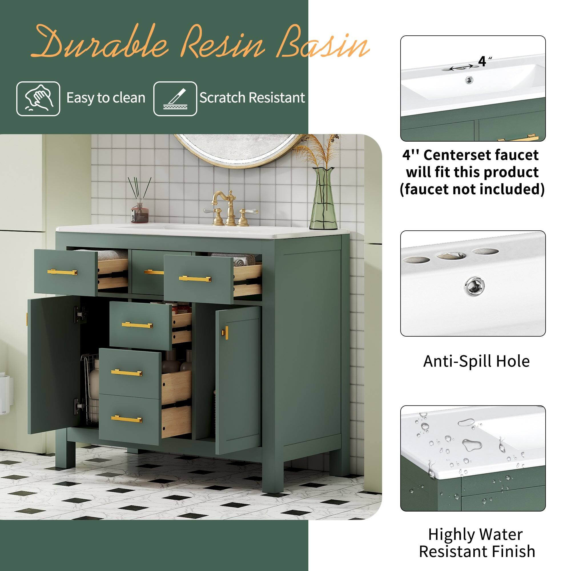 Durable Resin Basin

- Easy to clean
- Scratch Resistant

4" Centerset faucet will fit this product (faucet not included)

- Anti-Spill Hole
- Highly Water Resistant Finish
