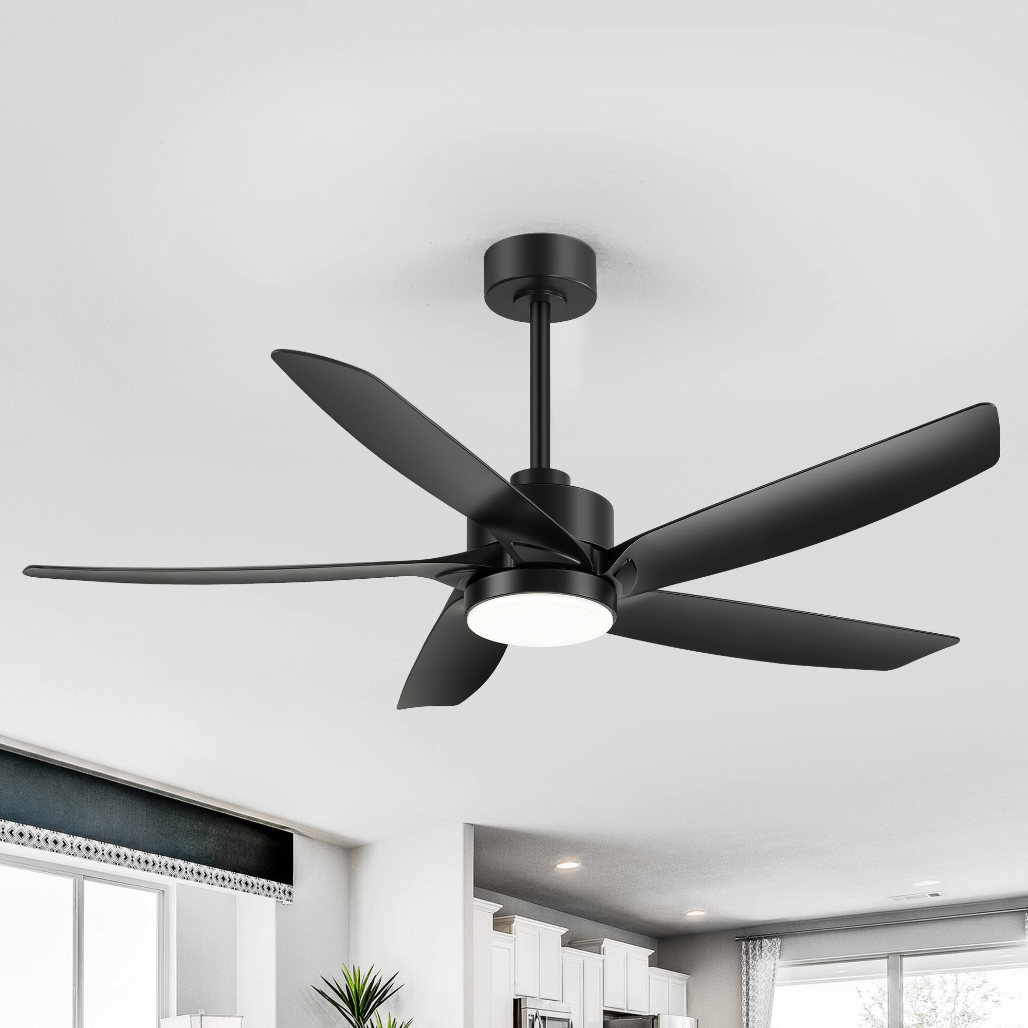 Back. Breezary - 54-Inch Indoor Ceiling Fan with 3-Color Light, 5 ABS Blades, 6-Speed DC Motor, Remote & Timer, Memory, 6"/12" Downrods - Matte Black.