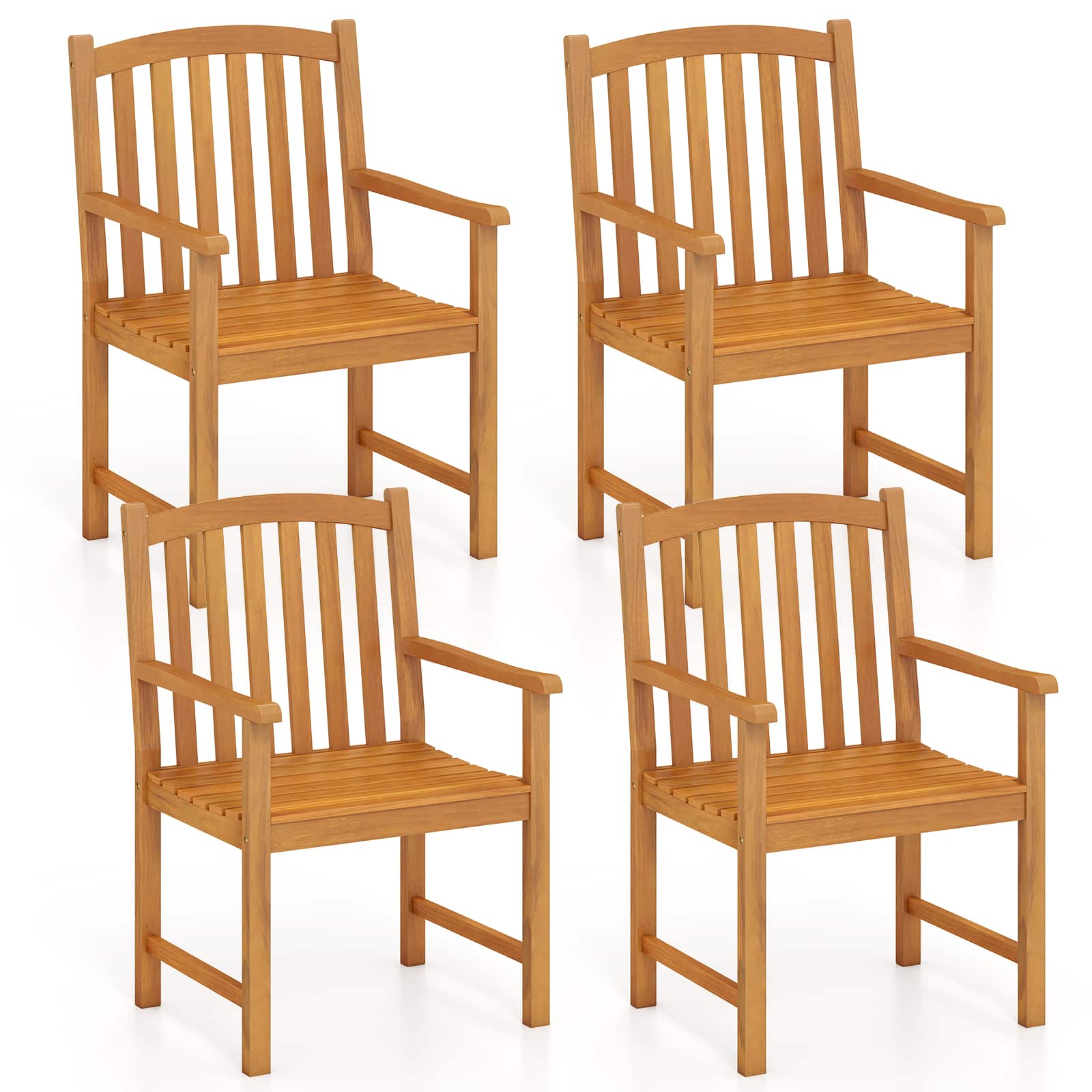 Gymax - 4PCS Outdoor Dining Chairs Acacia Wood Slatted Patio Chairs w/ Inclined Backrest - Yellow