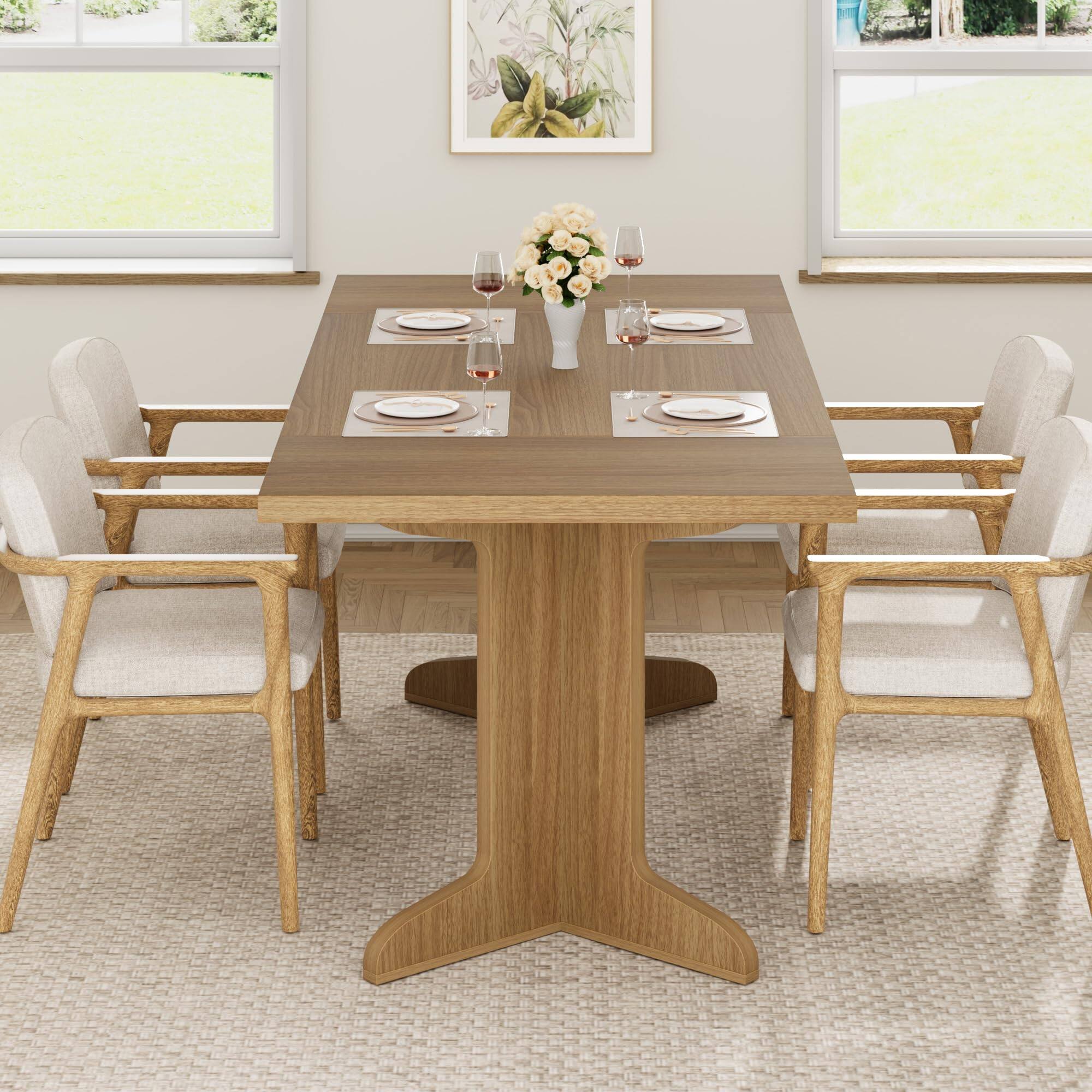 Alt View 1. Homhougo - 71" Modern Rectangle Dining Table – Seats 6–8, Unique Wooden Legs, Table Only - Natural.