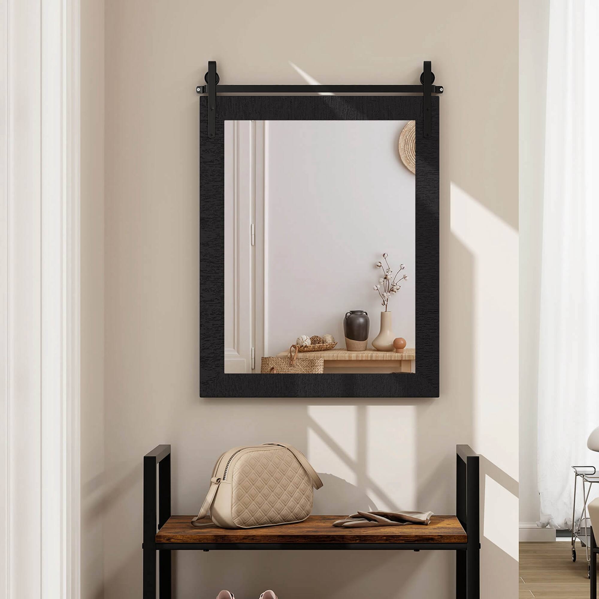Alt View 4. Costway - Costway 30"x22" Wall Mount Mirror Decor Vanity Mirror Wood Frame Barn Door Style - Black.