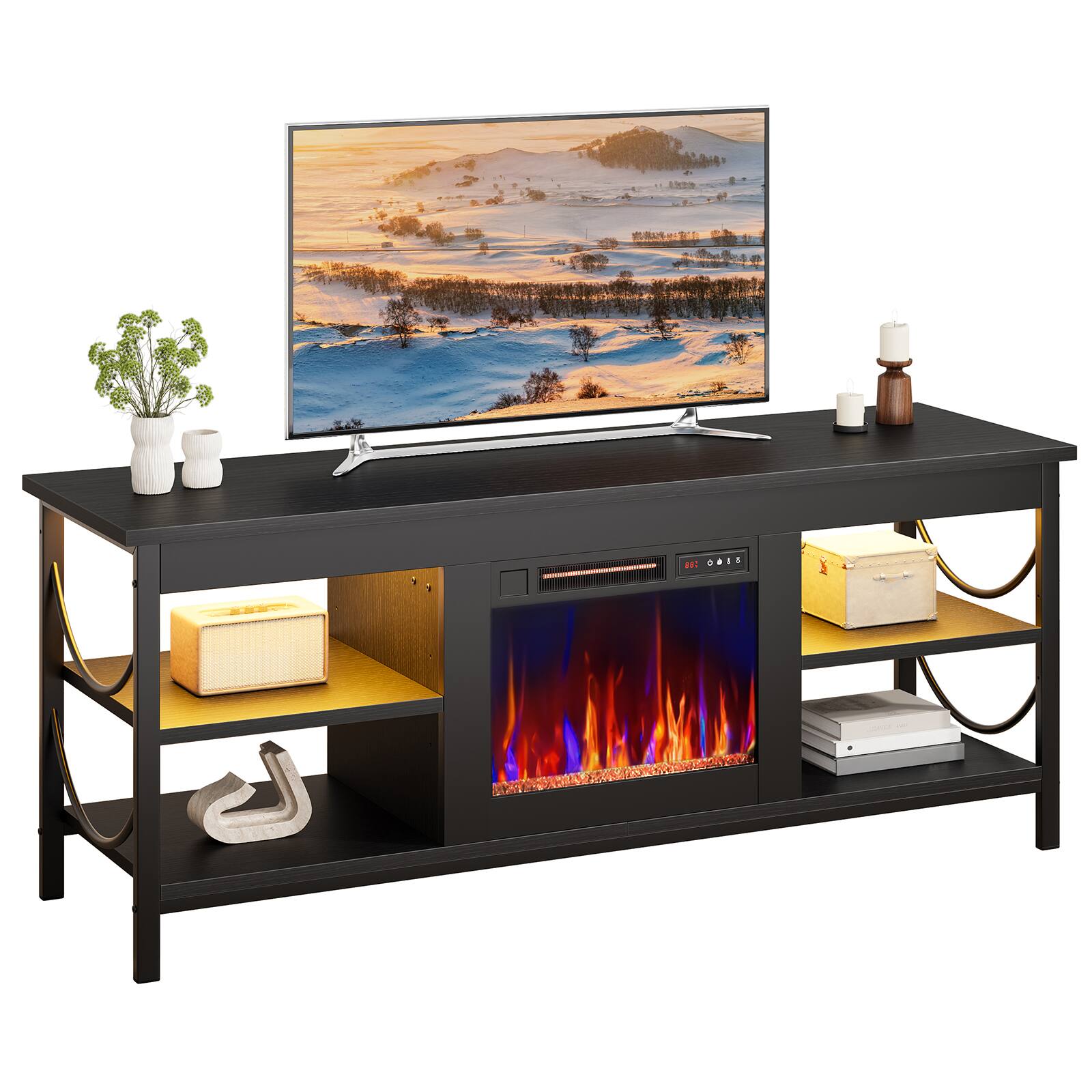 Front. Pinmoco - Pinmoco - 55 Inch Electric Fireplace TV Stand Fits TVs up to 65 Inch Gaming TV Console with Open Storage Shelves - Black.