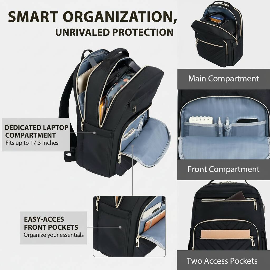 SMART ORGANIZATION, UNRIVALED PROTECTION

- DEDICATED LAPTOP COMPARTMENT
  Fits up to 17.3 inches

- MAIN COMPARTMENT

- FRONT COMPARTMENT

- EASY-ACCESS FRONT POCKETS
  Organize your essentials

- TWO ACCESS POCKETS