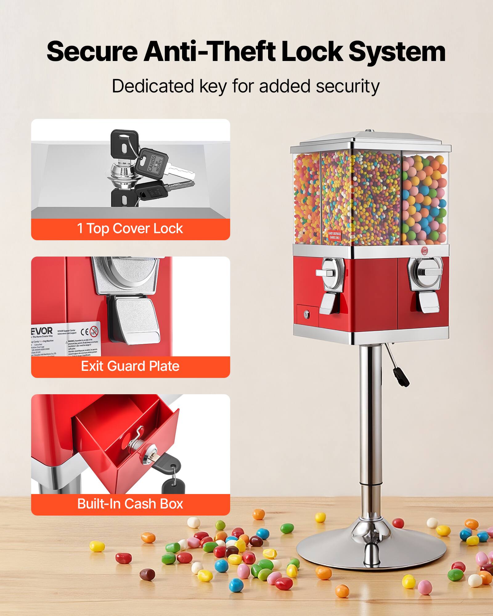 Secure Anti-Theft Lock System  
Dedicated key for added security  

1 Top Cover Lock  
Exit Guard Plate  
Built-In Cash Box