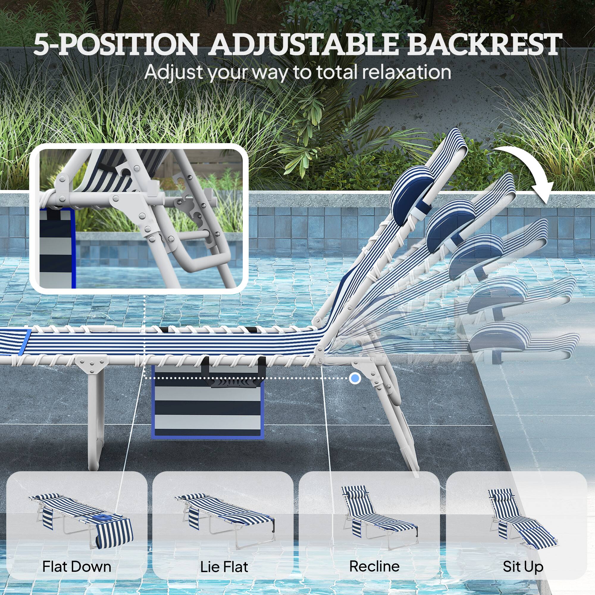 5-POSITION ADJUSTABLE BACKREST  
Adjust your way to total relaxation  

Flat Down  
Lie Flat  
Recline  
Sit Up