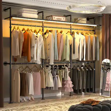 Front. Aheaplus - 118.3" Reversible Industrial Pipe Clothing Rack - Heavy Duty Garment Rack with LED Lights & Shelves for Walk-in Closet - Black.