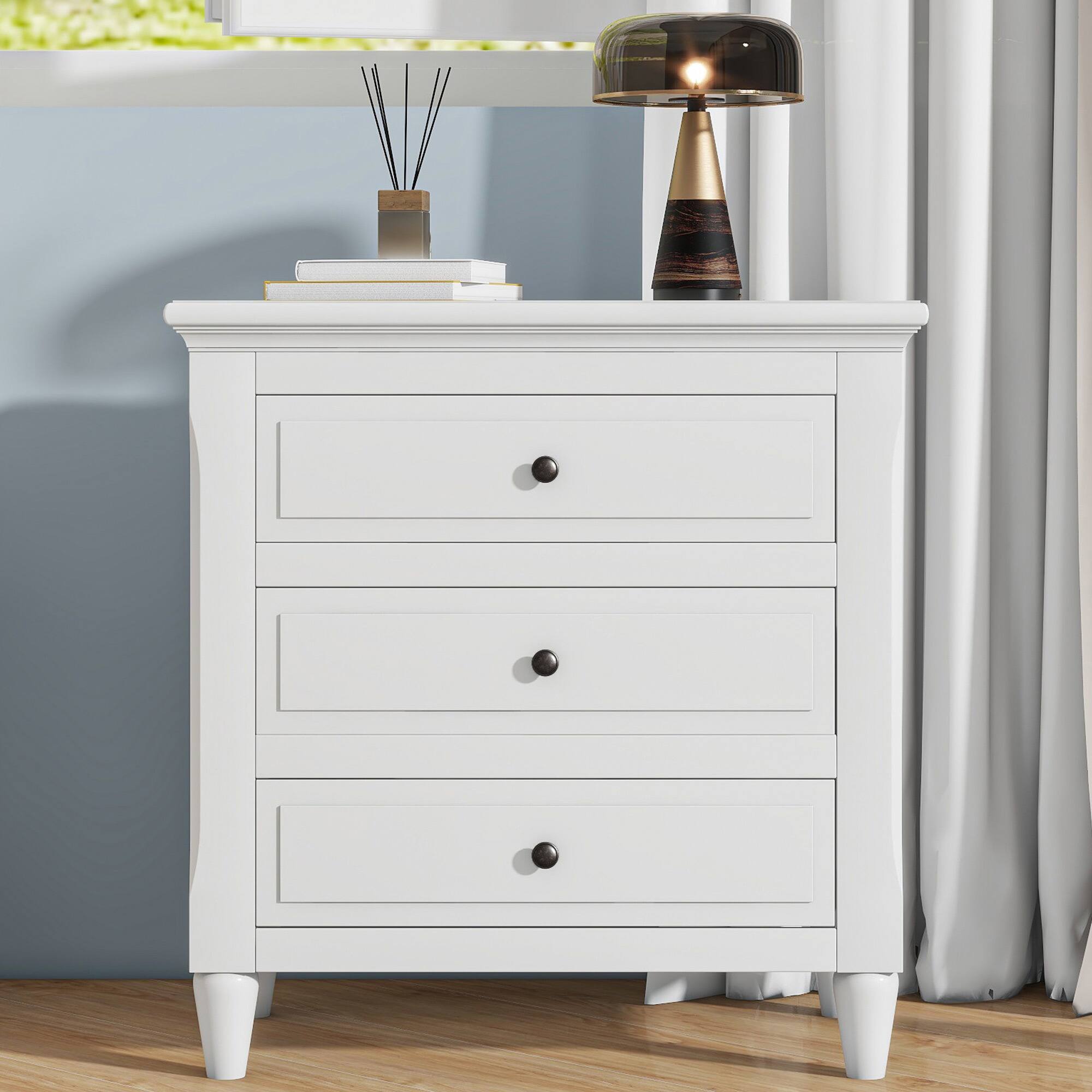 Back. Spaco - Spaco Modern Nightstand with 3 Drawers, Smooth Gliding Rails, Metal Handle, Rubber Legs for Bedroom and Living Room - White.