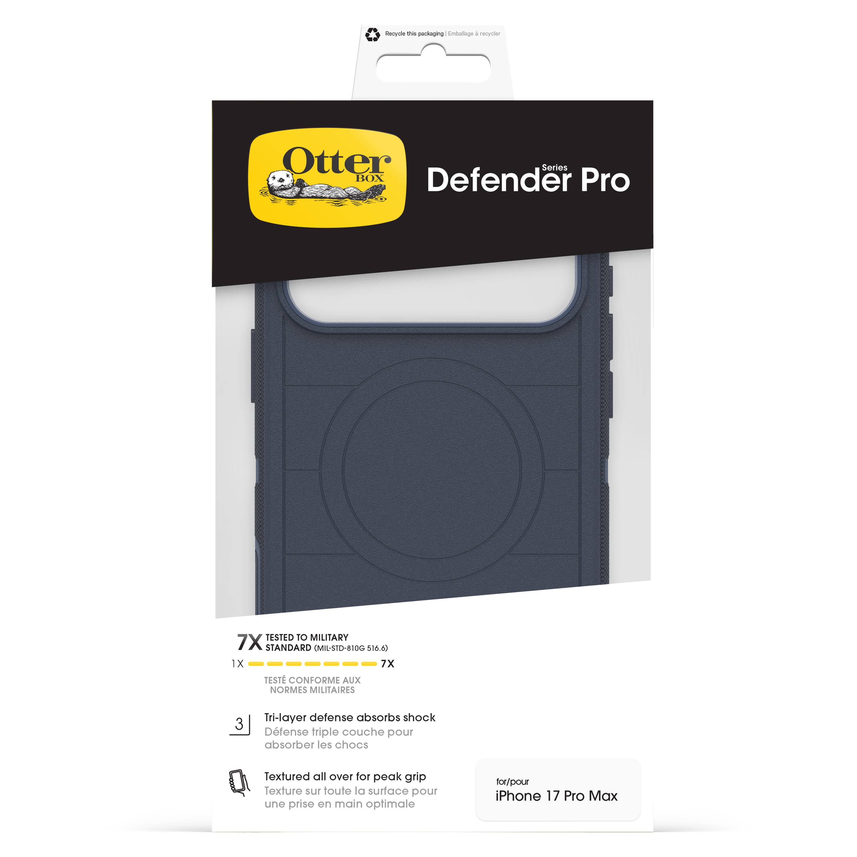Sure, here is the corrected and grouped text from the image:

---

**Otter Box**

**Defender Pro**

**Series**

**7X TESTED TO MILITARY STANDARD (MIL-STD-810G 516.6)**

**1X**

**TESTE CONFORME AUX NORMES MILITAIRES**

**3 Tri-layer defense absorbs shock**

**Défense triple couche pour absorber les chocs**

**Textured all over for peak grip**

**Texture sur toute la surface pour une prise en main optimale**

**for/pour iPhone 17 Pro Max**

---

**Recycle this package**