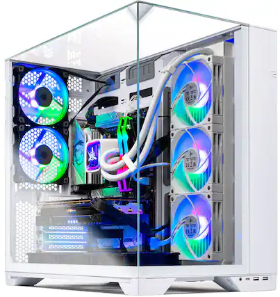 Front. Skytech Gaming - Skytech O11V - AMD Ryzen 9 9900X3D, 5090, 64GB 6000 MHz DDR5 RAM, 1200W GOLD A3 PSU - White.