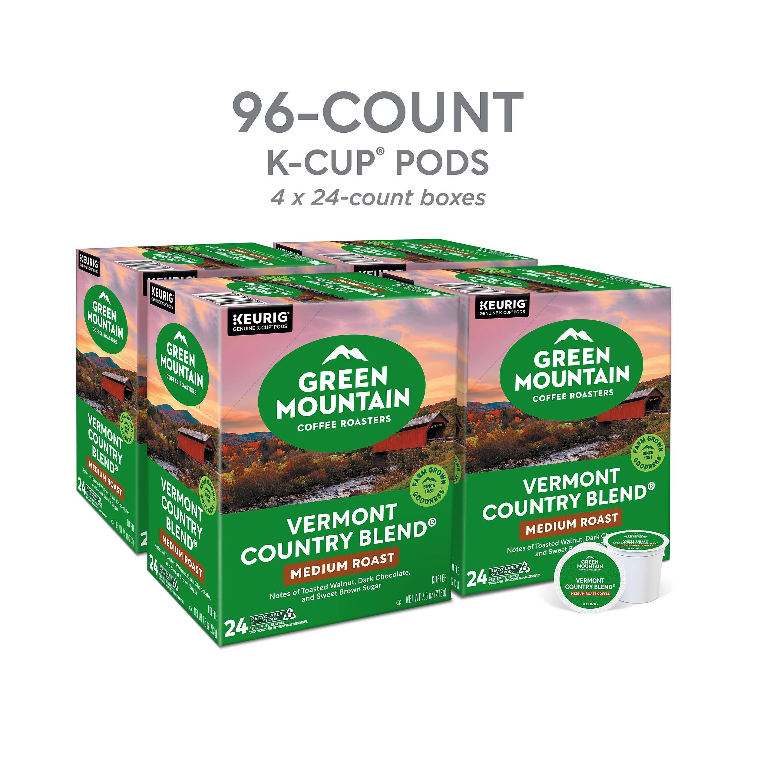 96-COUNT K-CUP PODS  
4 x 24-count boxes  

GREEN MOUNTAIN COFFEE ROASTERS  
VERMONT COUNTRY BLEND  
MEDIUM ROAST  
Notes of Toasted Walnut, Dark Chocolate, and Sweet Brown Sugar  

NET WT 1.875 OZ (53g)  
24 PODS  

KEURIG  
GENUINE K-CUP PODS