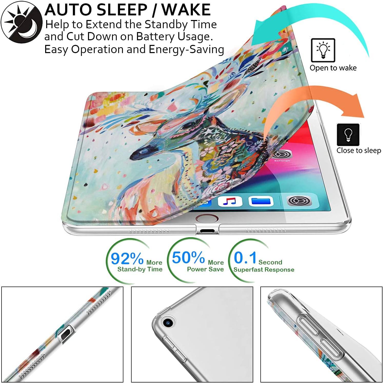 AUTO SLEEP / WAKE  
Help to Extend the Standby Time and Cut Down on Battery Usage.  
Easy Operation and Energy-Saving

Open to wake  
Close to sleep

Settings

92% More Stand-by Time  
50% More Power Save  
0.1 Second Superfast Response