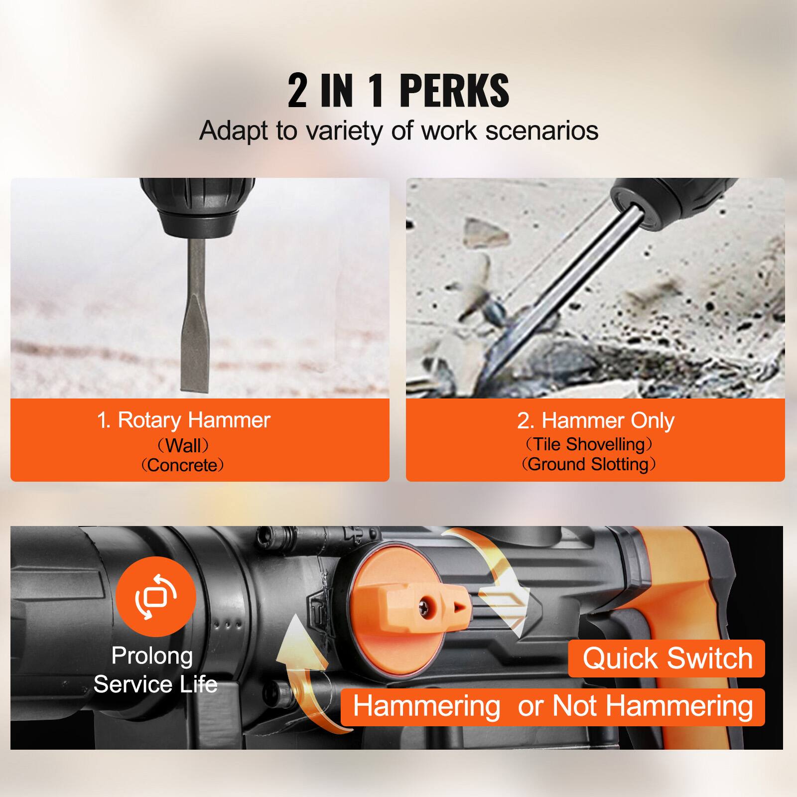 2 IN 1 PERKS  
Adapt to variety of work scenarios  

1. Rotary Hammer  
(Wall)  
(Concrete)  

2. Hammer Only  
(Tile Shovelling)  
(Ground Slotting)  

Prolong Service Life  

Quick Switch  
Hammering or Not Hammering