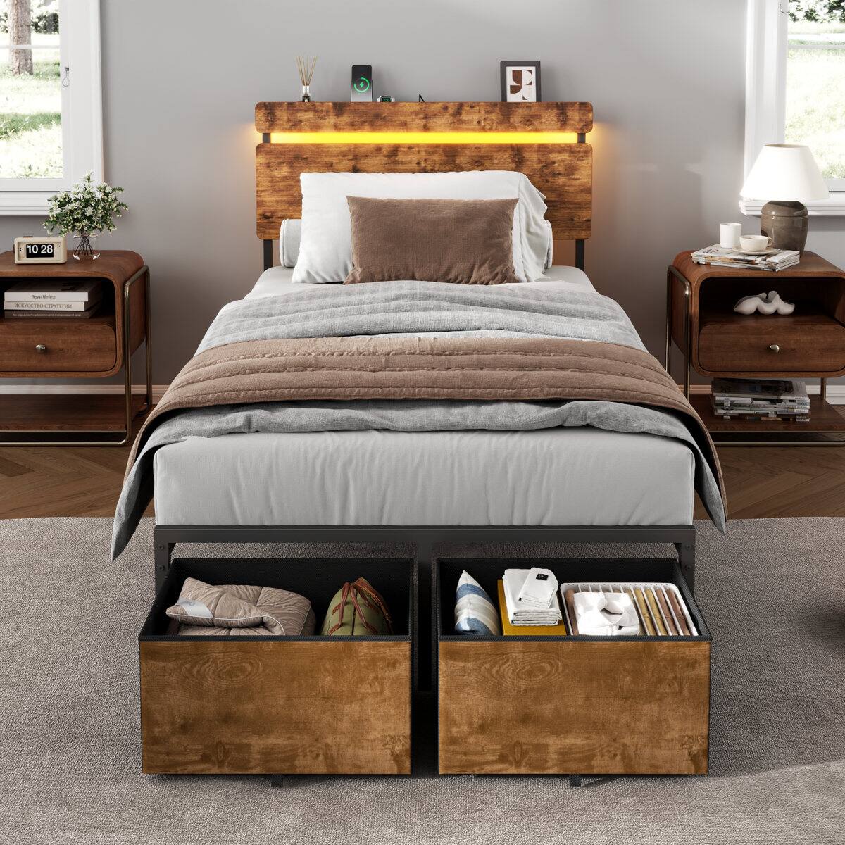 Alt View 1. Furnulem - Platform Bed with 2 Drawers and Open Storage Headboard Adjustable LED Light and Charging Station - Brown.