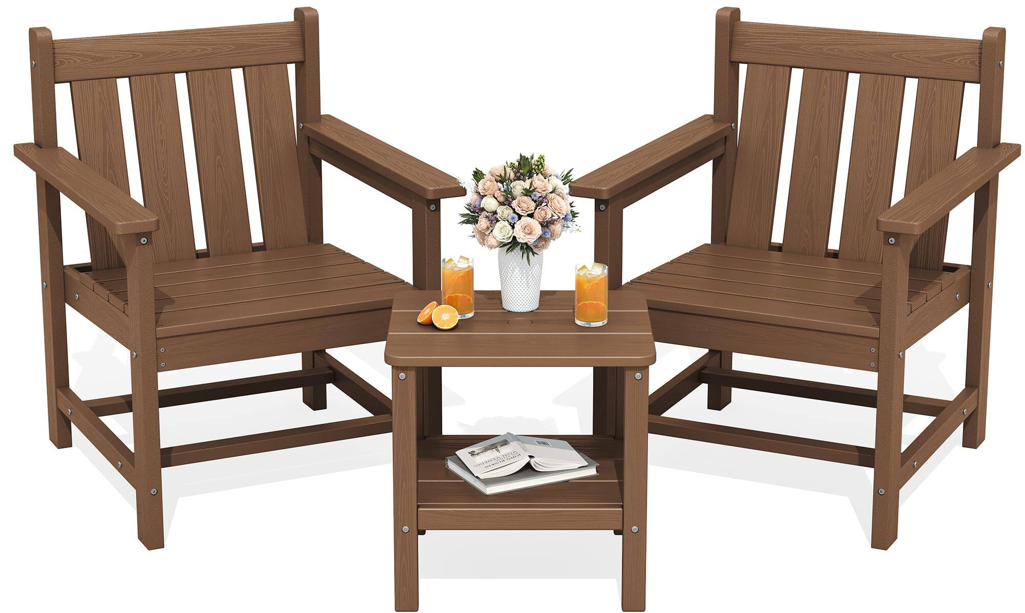 Front. SERWALL - SERWALL 3 Pieces Patio Bistro Set-Outdoor Chairs and Side Table with Umbrelle Hole,Brown - brown.