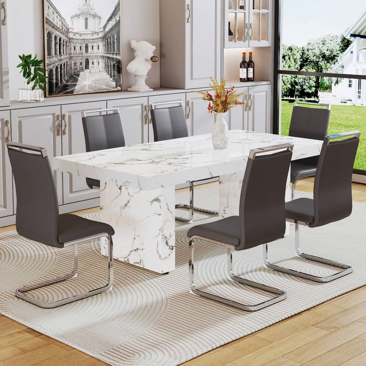 Alt View 4. Loheer - Loheer White Marble Pattern MDF Dining Table for 8 to 10 People - White.