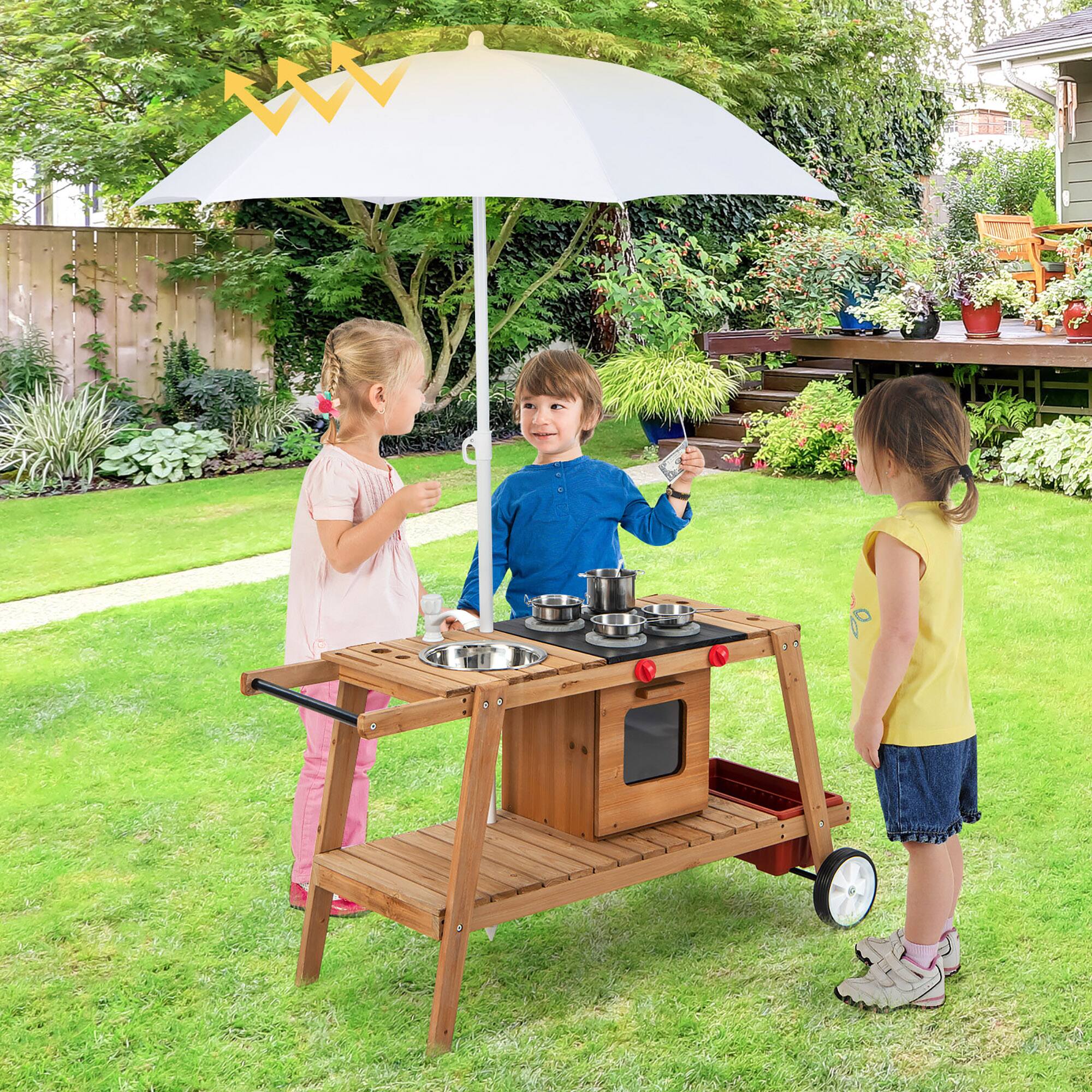 Alt View 1. Costway - Costway Kid's Play Trolley Outdoor Wooden Kids Play Cart with Sun Umbrella  for Toddlers 3+ - White.