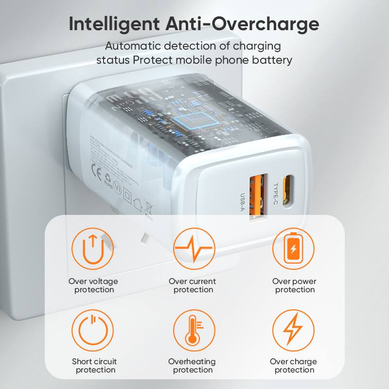 Intelligent Anti-Overcharge  
Automatic detection of charging status  
Protect mobile phone battery  

- Over voltage protection  
- Over current protection  
- Over power protection  
- Short circuit protection  
- Overheating protection  
- Over charge protection