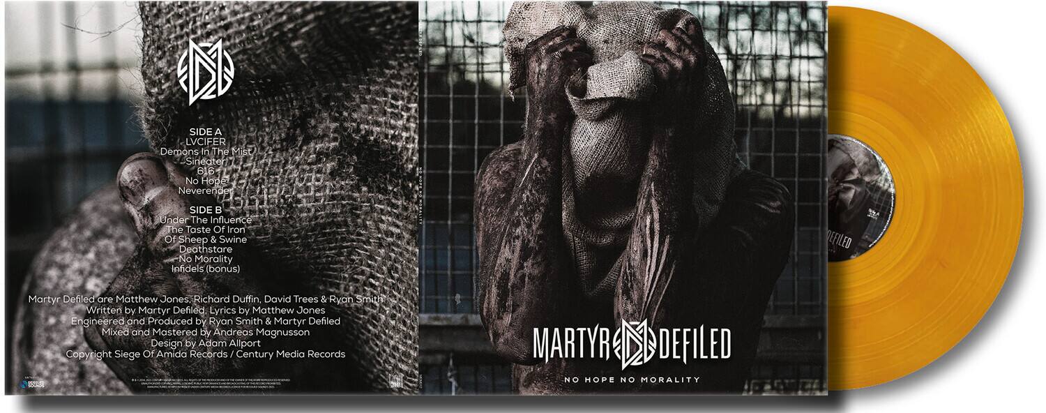 **SIDE A**  
LVCIFER  
Demons In The Mist  
Sineater  
616  
No Hope  
Neverender  

**SIDE B**  
Under The Influence  
The Taste Of Iron  
Of Sheep & Swine  
Deathstare  
No Morality  
Infidels (bonus)  

**Martyr Defiled**  
are Matthew Jones, Richard Duffin, David Trees & Ryan Smith  
Written by Martyr Defiled  
Lyrics by Matthew Jones  
Engineered and Produced by Ryan Smith & Martyr Defiled  
Mixed and Mastered by Andreas Magnusson  
Design by Adam Allport  
Copyright Siege Of Amida Records / Century Media Records  

**MARTYR DEFILED**  
NO HOPE NO MORALITY