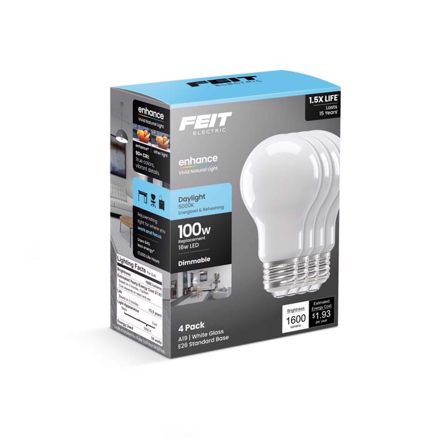FEIT ELECTRIC - Feit A19 E26 (Medium) LED Bulb Daylight 100 Watt Equivalence 4 pk
