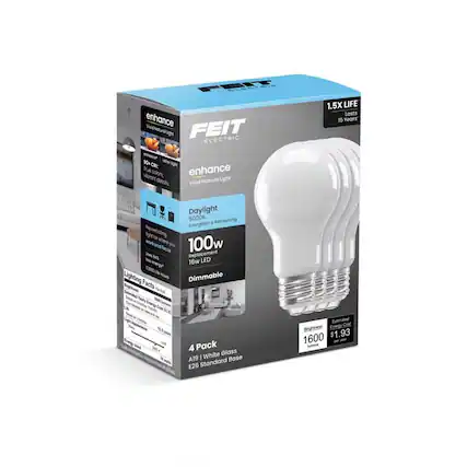 FEIT ELECTRIC enhance Wiosoted lgt FEIT ELECTRIC -orc 10+ - lgt CR True colors. enhance vibrant Natural Light detois Vivid 1.5X LIFE Lasts 15 Years Daylight 5000K Refreshing & Energized lge or vs You 100w tnd focn Uhes 34% Replacement Wss 16w LED new 1000U Hots Lighting Dimmable Sen Facts Ooed 155 years 1 4 Pack White Glass A19 I Base E26 Standard Estmated Creray Cont Bigniess 1600 $1.93