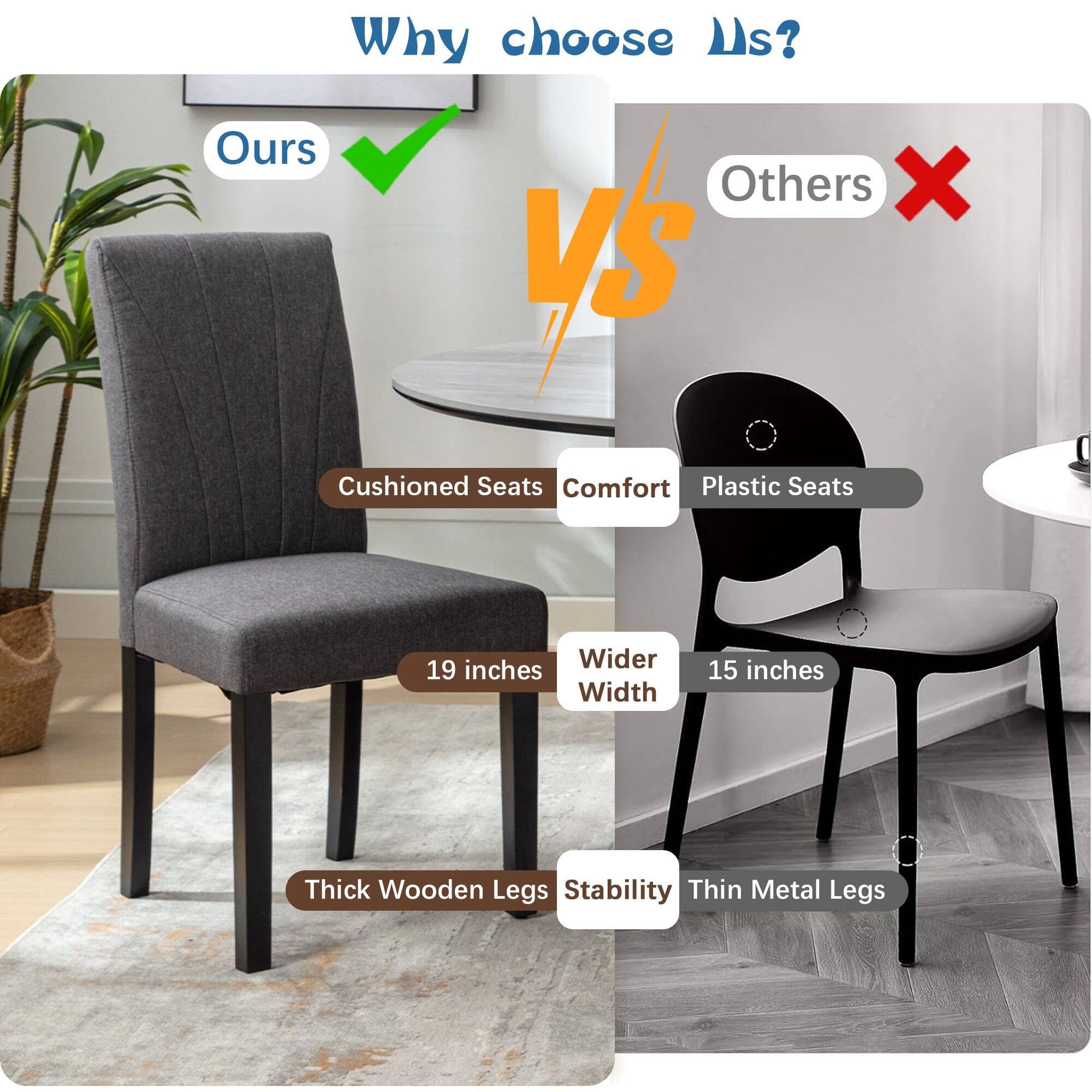 Why choose Us?

**Ours**  
- Cushioned Seats  
- 19 inches Width  
- Thick Wooden Legs  

**Others**  
- Plastic Seats  
- 15 inches Width  
- Thin Metal Legs  

**Comfort**  
**Stability**
