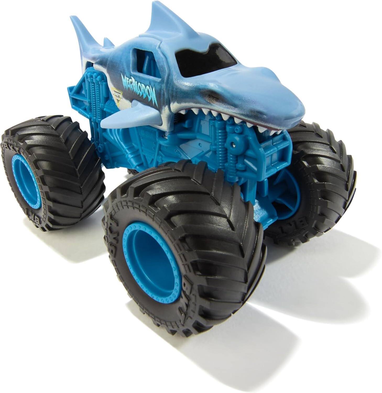 Angle. Monster Jam - Monster Jam Smash & Bash Megalodon Series 01 1:64 Repairable Monster Truck with BKT Tires, Official 2025 Toy Ages 3+ - Blue.