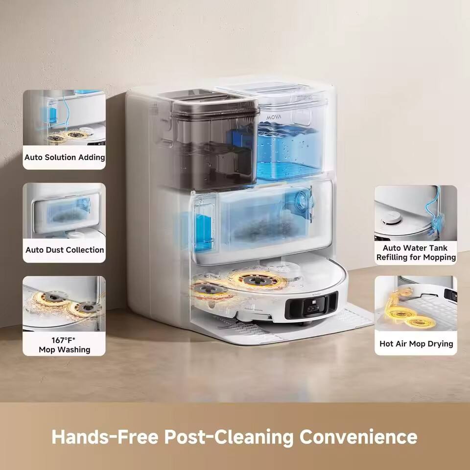 MOVA Auto Solution  
- Adding Auto Dust Collection  
- Auto Water Tank Refilling for Mopping  
- 167°F* Mop Washing  
- Hot Air Mop Drying  
- Hands-Free Post-Cleaning Convenience