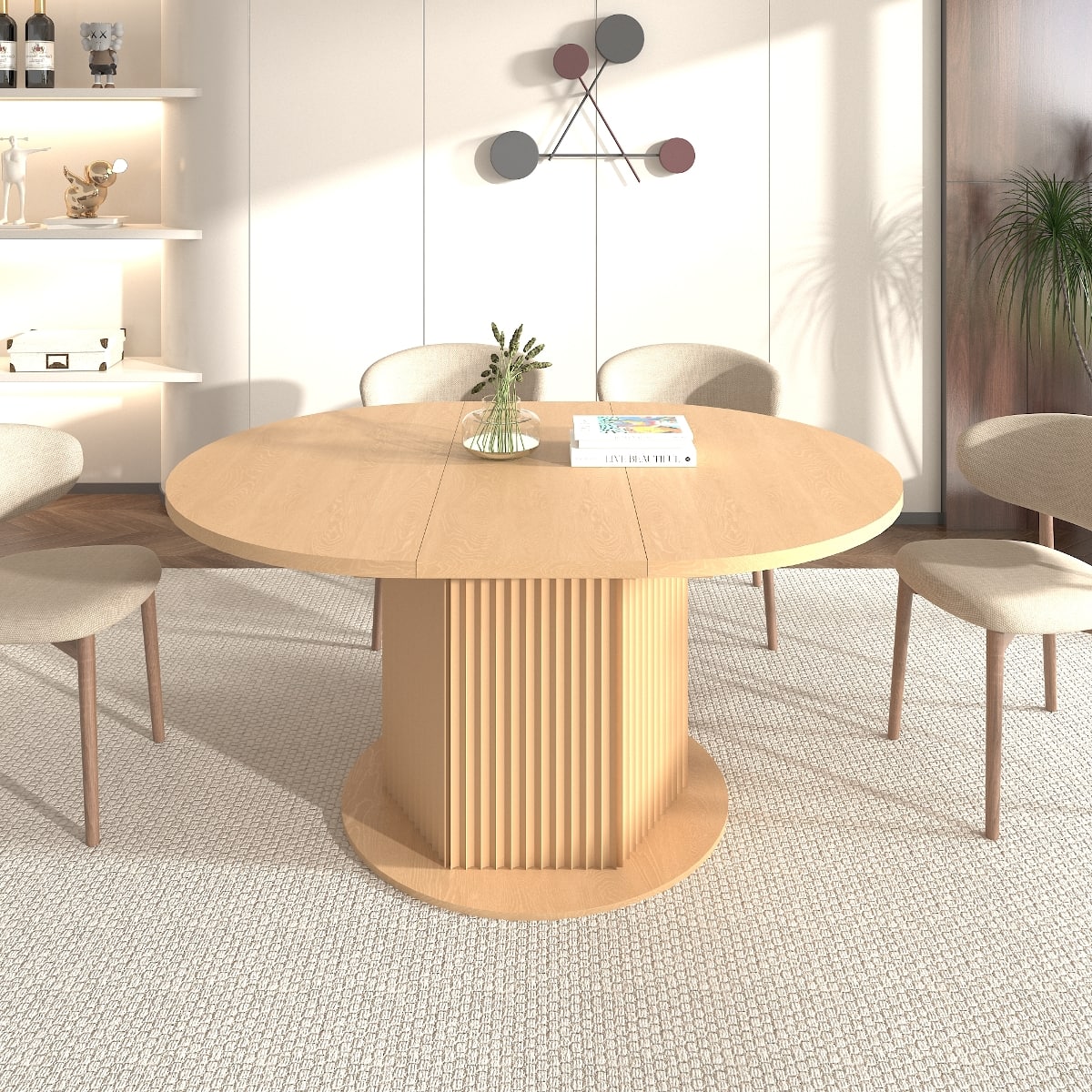 Loheer - Extendable Round Dining Table for Six, Wood Table with Textured Base - Light Brown