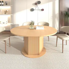 Loheer - Extendable Round Dining Table for Six, Wood Table with Textured Base - Light Brown