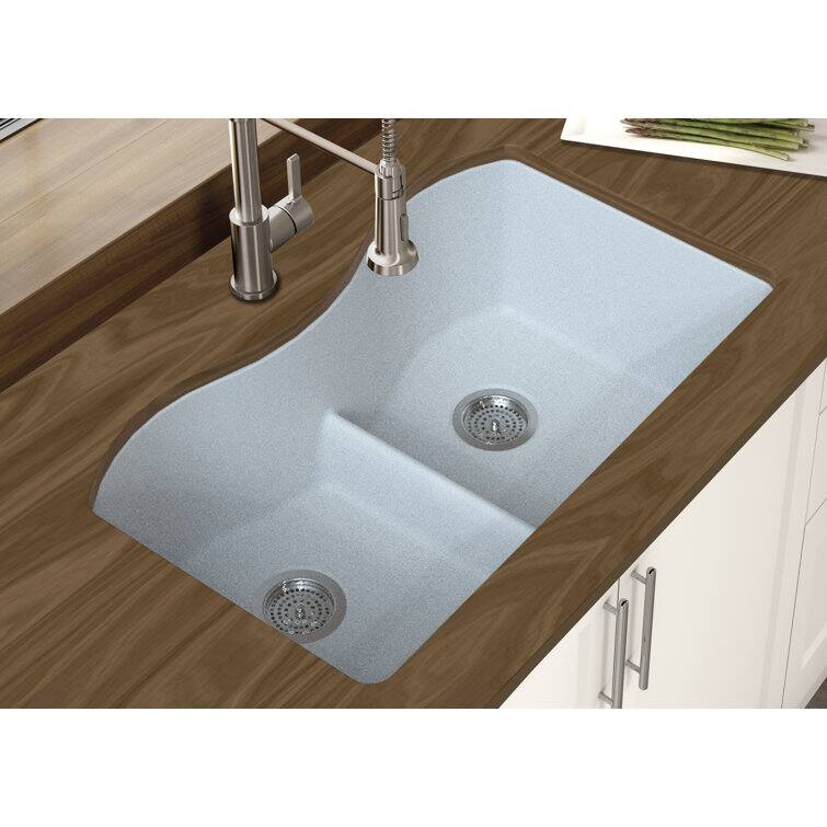 Angle. Winpro - Winpro Undermount Granite Composite 33 in. x 20 in. x 9-1/2 in. Double Equal Bowl Low Divide Kitchen Sink in White - White.