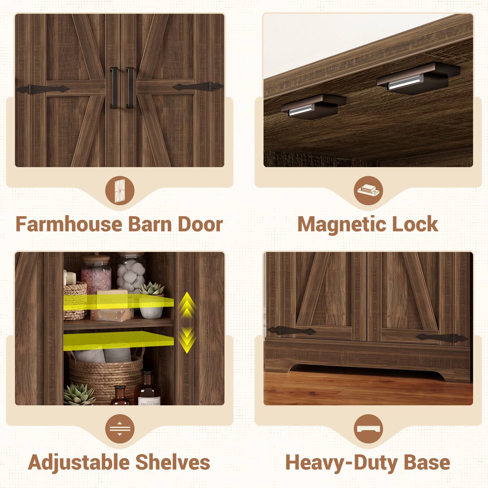 Farmhouse Barn Door Magnetic Lock SL - Eldo - Adjustable Shelves Heavy-Duty Base