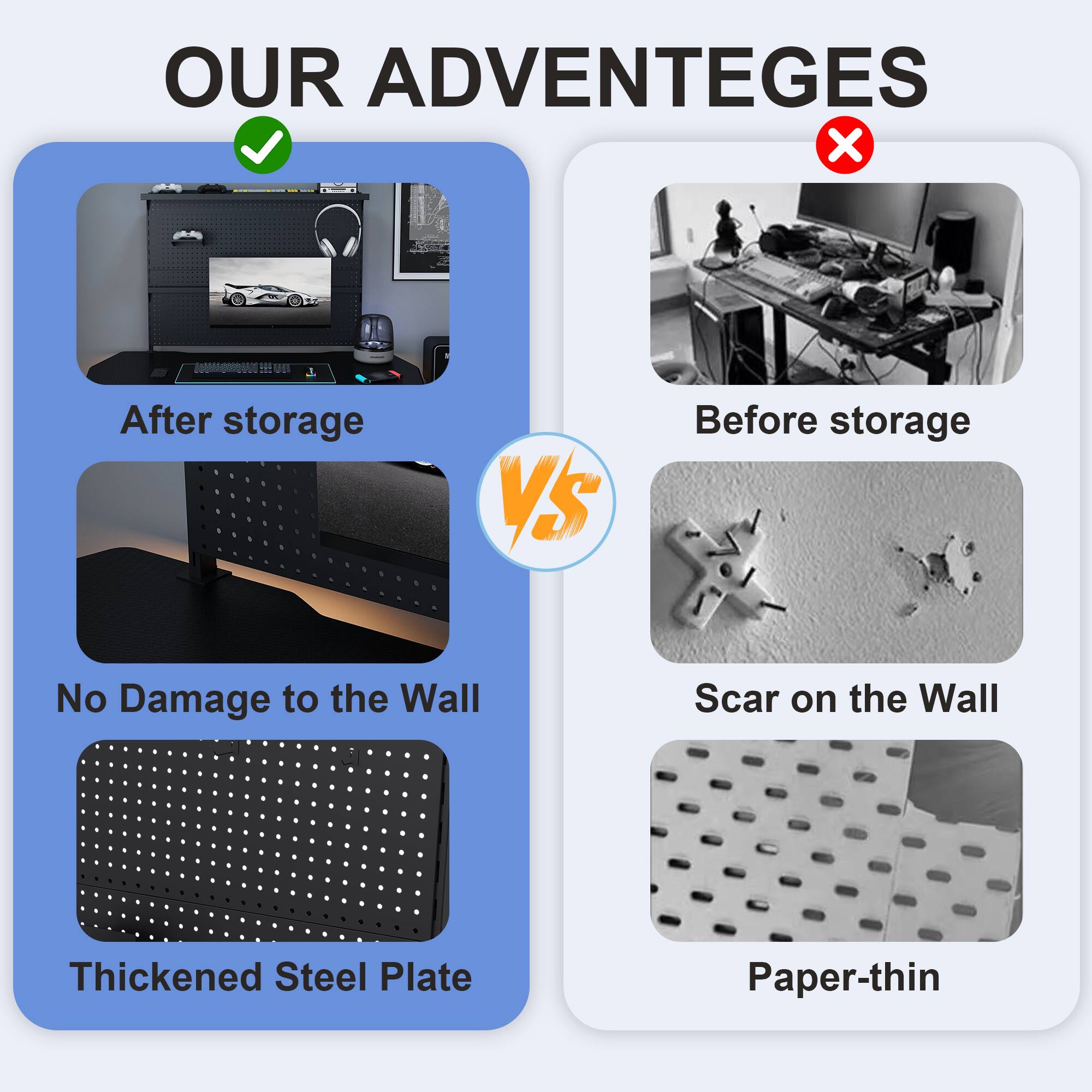 OUR ADVANTAGES

After storage  
No Damage to the Wall  
Thickened Steel Plate

VS

Before storage  
Scar on the Wall  
Paper-thin