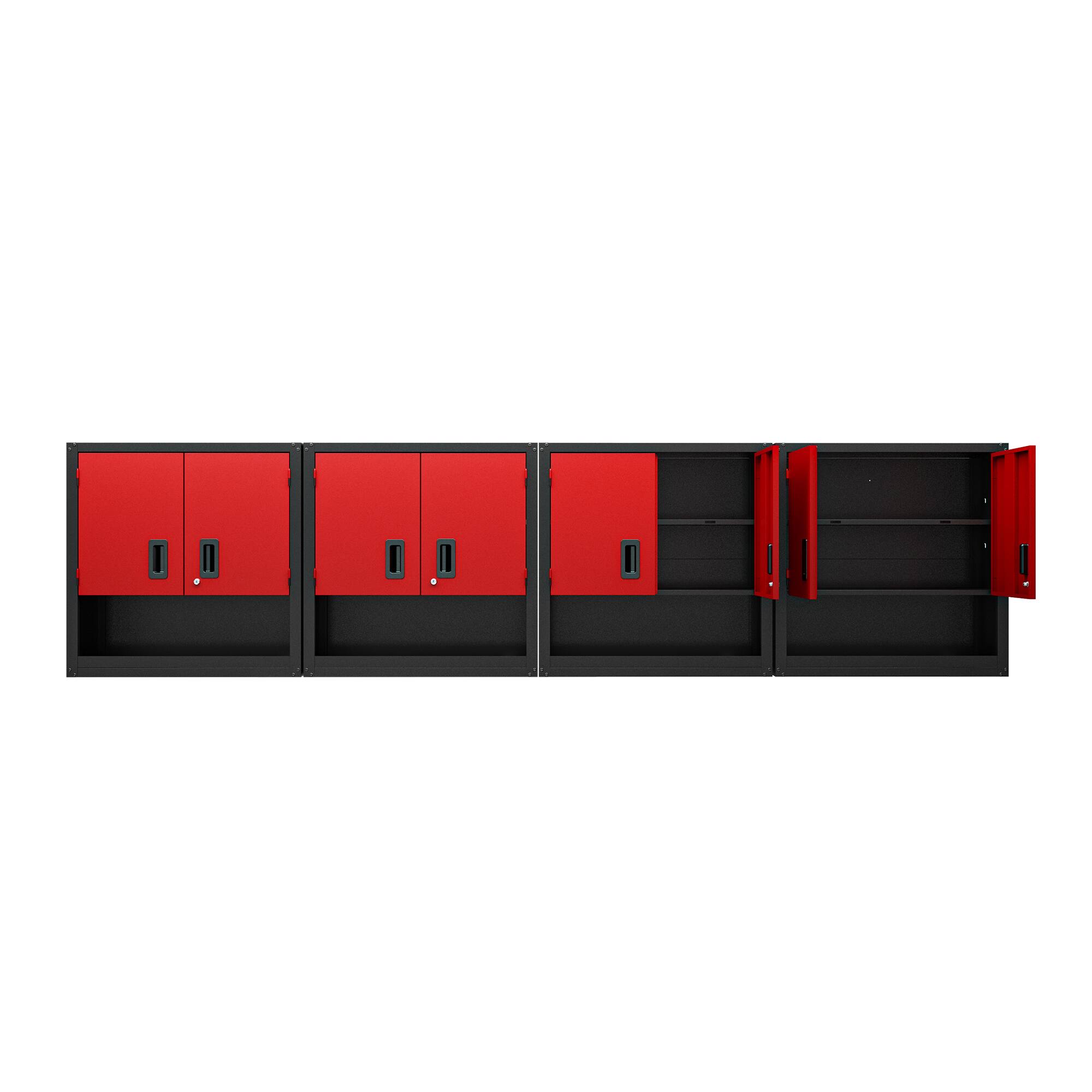 Front. TinyHomie - Set of 4 Garage Wall Metal Cabinet with Locking 3/4 Doors and Adjustable Shelf, Floating Upper Storage Cabinet in Red - Red+Black.
