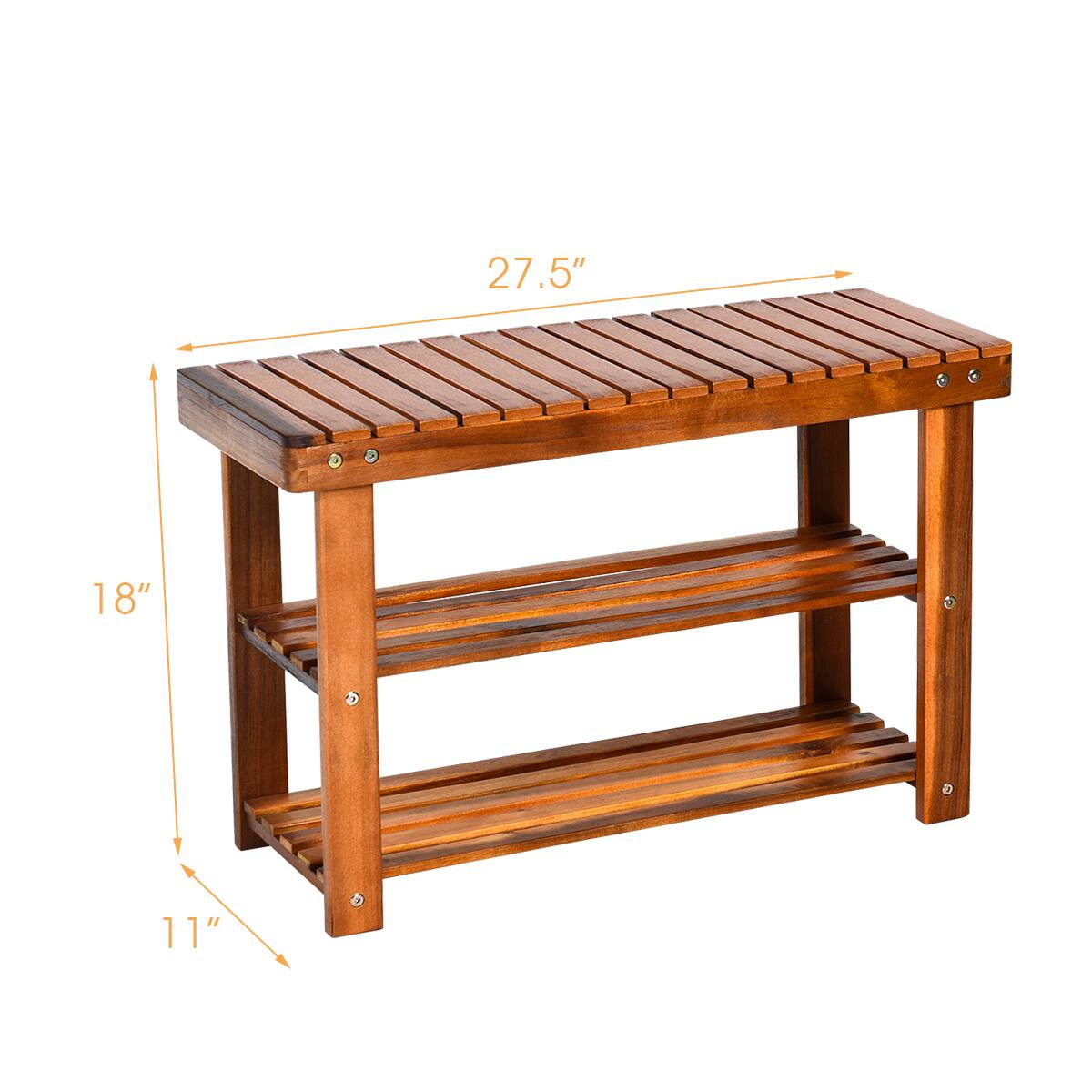 The text on the image reads "27.5" 18" 11". This indicates the dimensions of the wooden bench, which is 27.5 inches in length, 18 inches in height, and 11 inches in width.