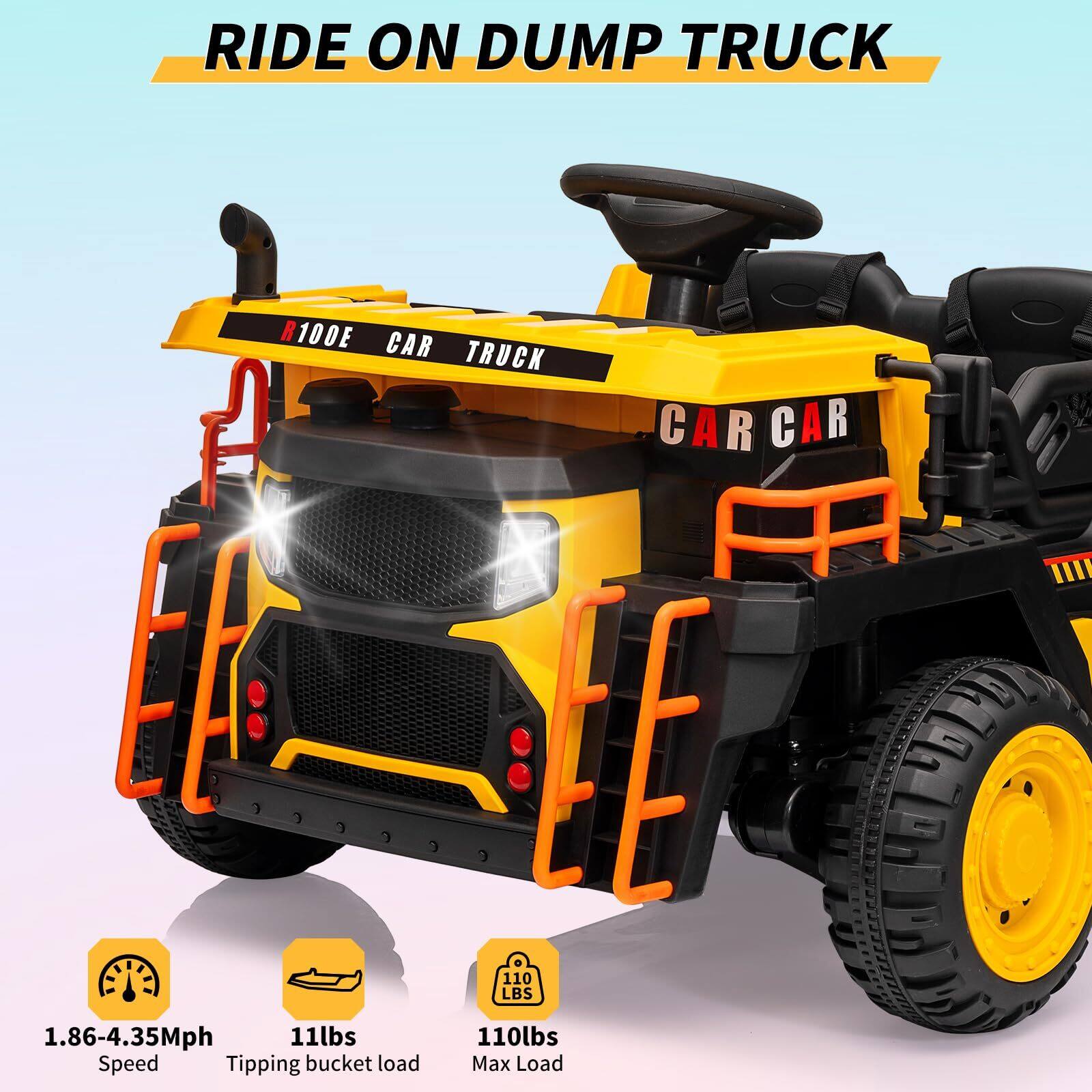 RIDE ON DUMP TRUCK

R100E CAR TRUCK CAR

1.86-4.35Mph Speed

11lbs Tipping bucket load

110lbs Max Load