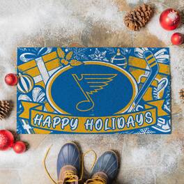Evergreen Enterprises - St. Louis Blues 28" x 16" Happy Holidays Christmas Turf Door Mat - Multicolor