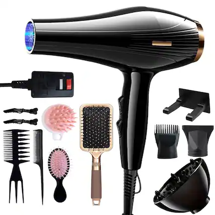 Front. Morfone - 12pcs Hair Dryer Set.Hair styling tools equipped with accessories such as combs, clips, and hair dryers.As a gift set..
