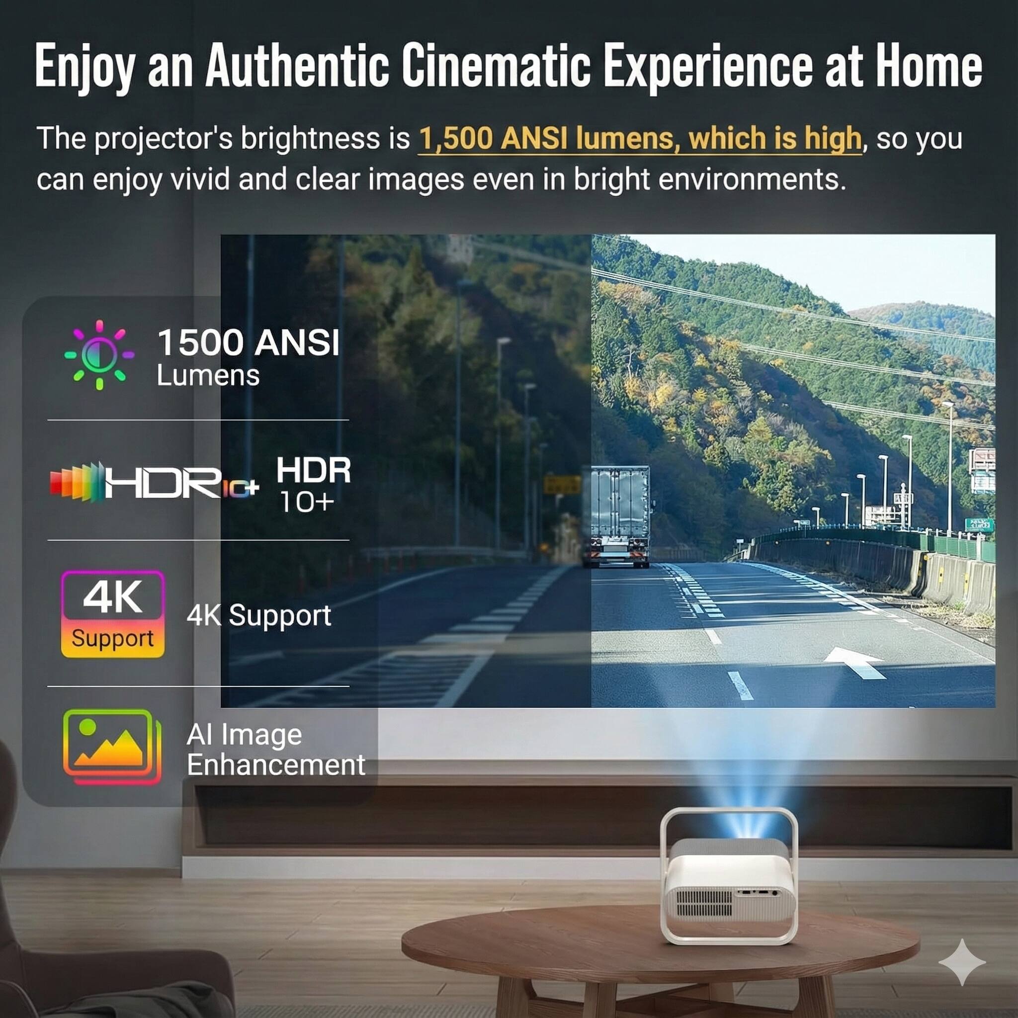 Enjoy an Authentic Cinematic Experience at Home

The projector's brightness is 1,500 ANSI lumens, which is high, so you can enjoy vivid and clear images even in bright environments.

- 1500 ANSI Lumens
- HDR 10+
- 4K Support
- AI Image Enhancement