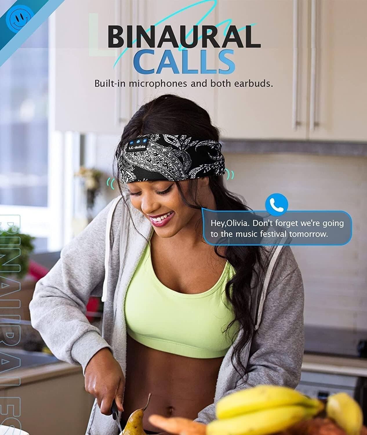 BINAURAL CALLS  
Built-in microphones and both earbuds.

Hey, Olivia. Don't forget we're going to the music festival tomorrow.