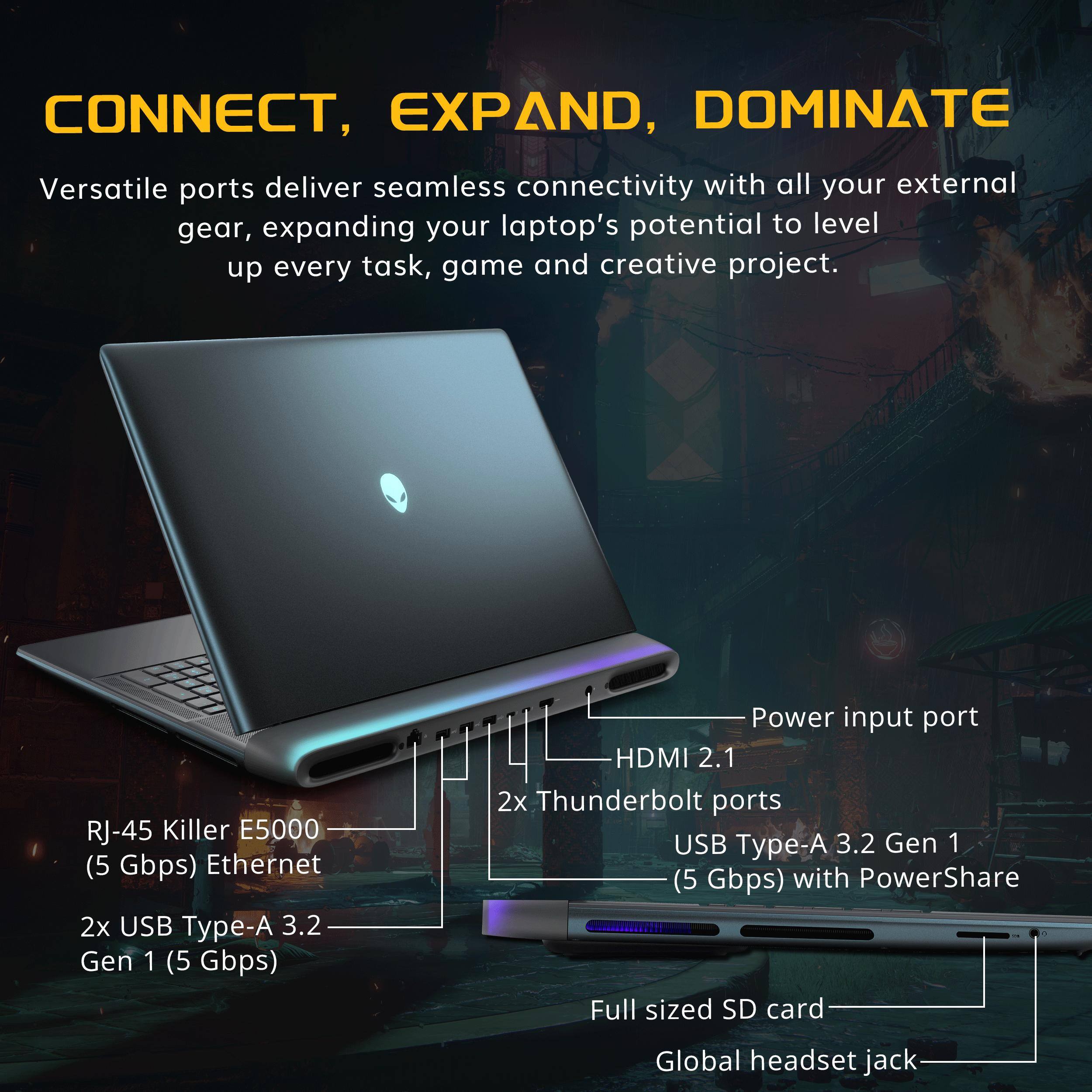CONNECT, EXPAND, DOMINATE

Versatile ports deliver seamless connectivity with all your external gear, expanding your laptop's potential to level up every task, game and creative project.

- RJ-45 Killer E5000 (5 Gbps) Ethernet
- 2x USB Type-A 3.2 Gen 1 (5 Gbps)
- Power input port
- HDMI 2.1
- 2x Thunderbolt ports
- USB Type-A 3.2 Gen 1 (5 Gbps) with PowerShare
- Full sized SD card
- Global headset jack