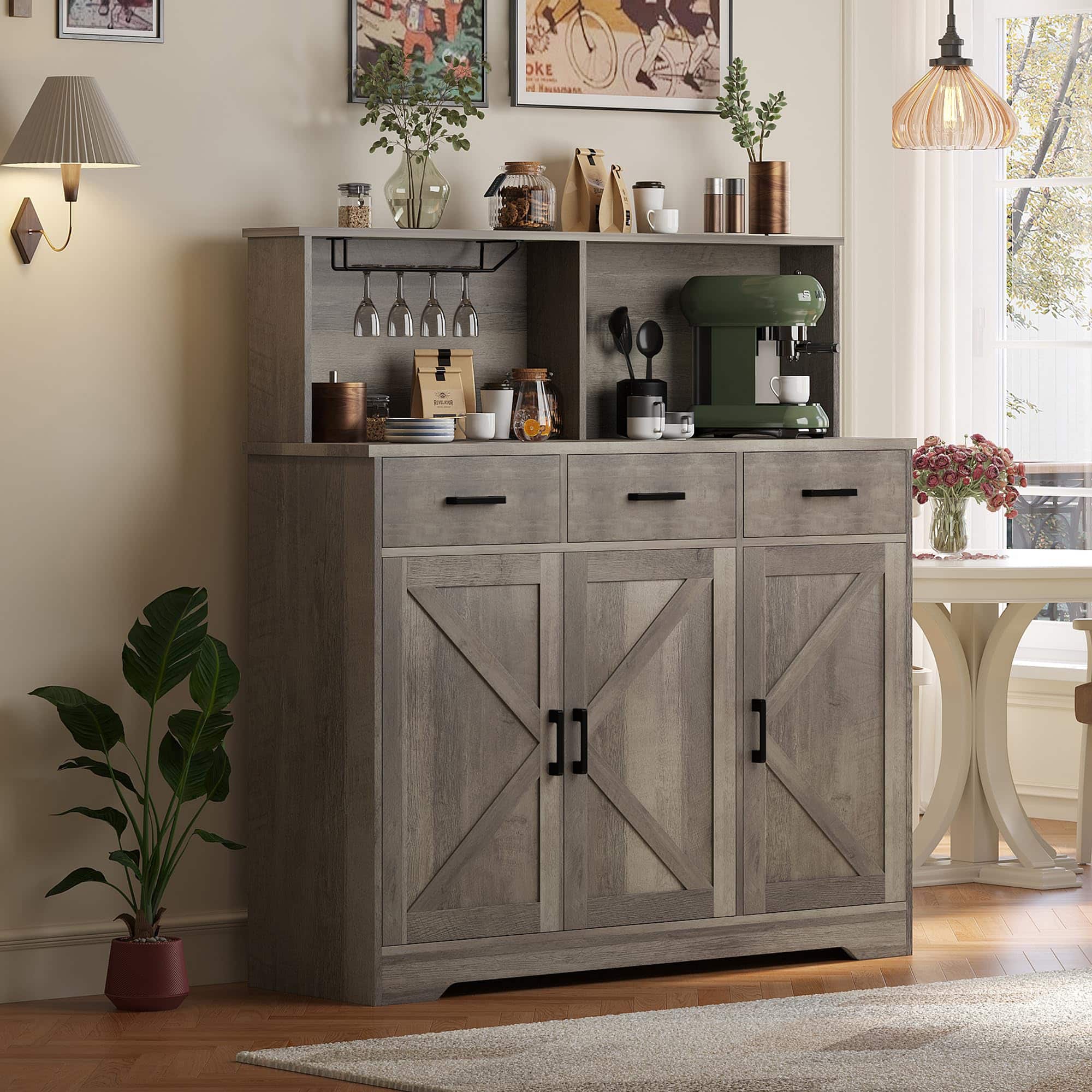 Homhougo - Farmhouse Sideboard Buffet Cabinet with Microwave Stand, Barn Doors Buffet Storage Cabinet with Drawers and Shelves - Gray