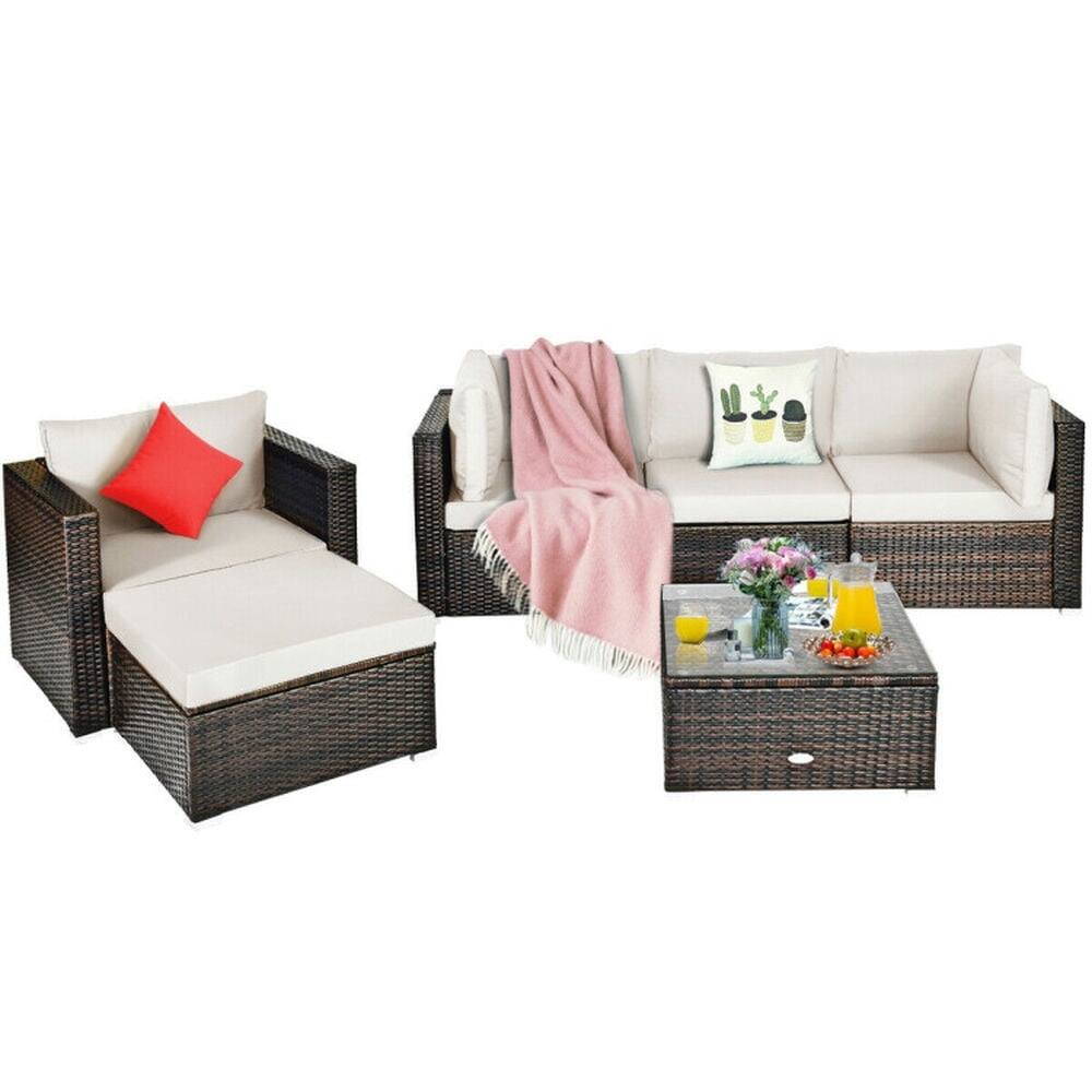 Alt View 5. Pefilos - 6 Pieces PE Rattan Furniture Set with Aluminum L-Shaped Footpads, Outdoor Conversation Set with Sectional Cushion - White.