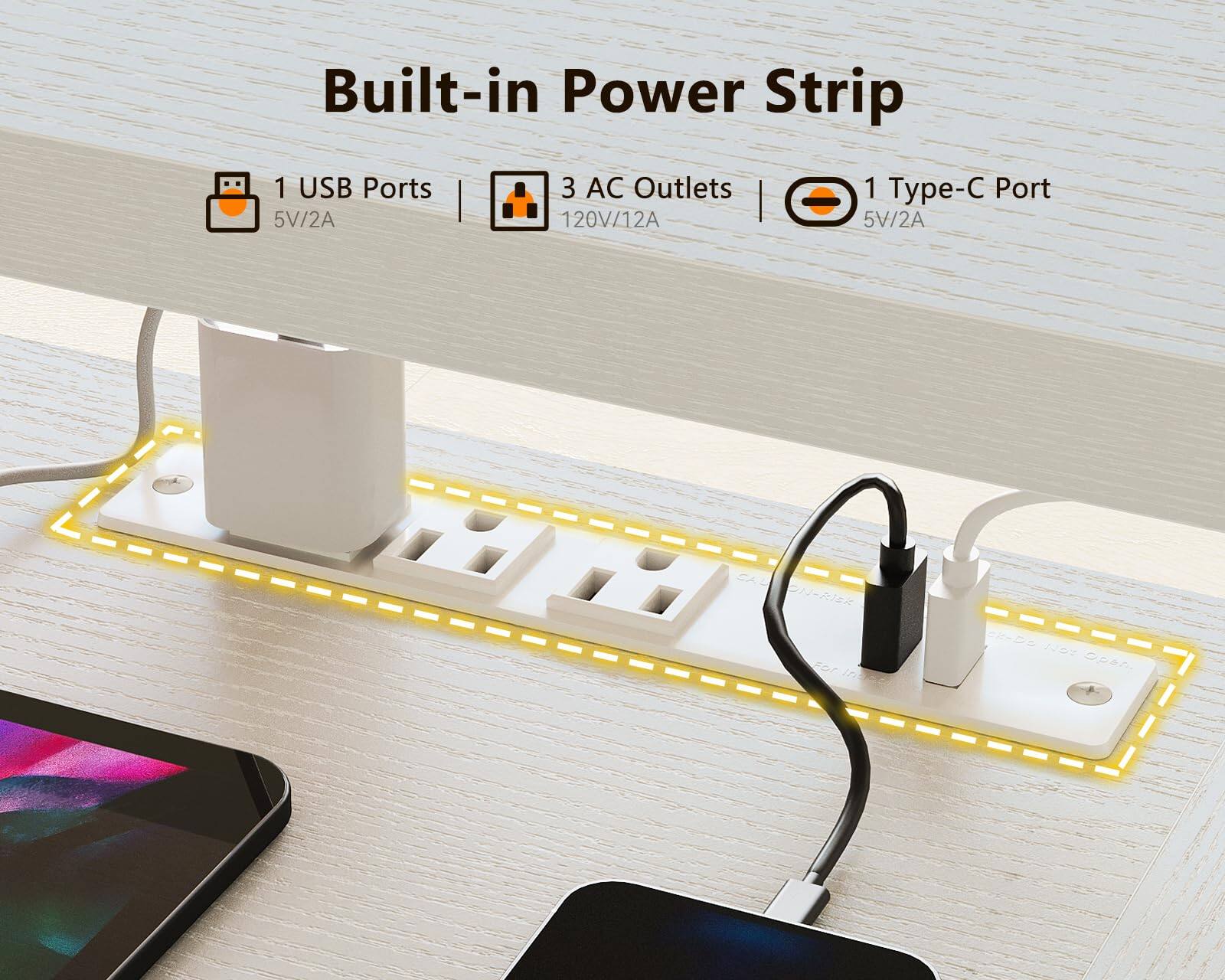 Built-in Power Strip  
1 USB Port 5V/2A  
3 AC Outlets 120V/12A  
1 Type-C Port 5V/2A