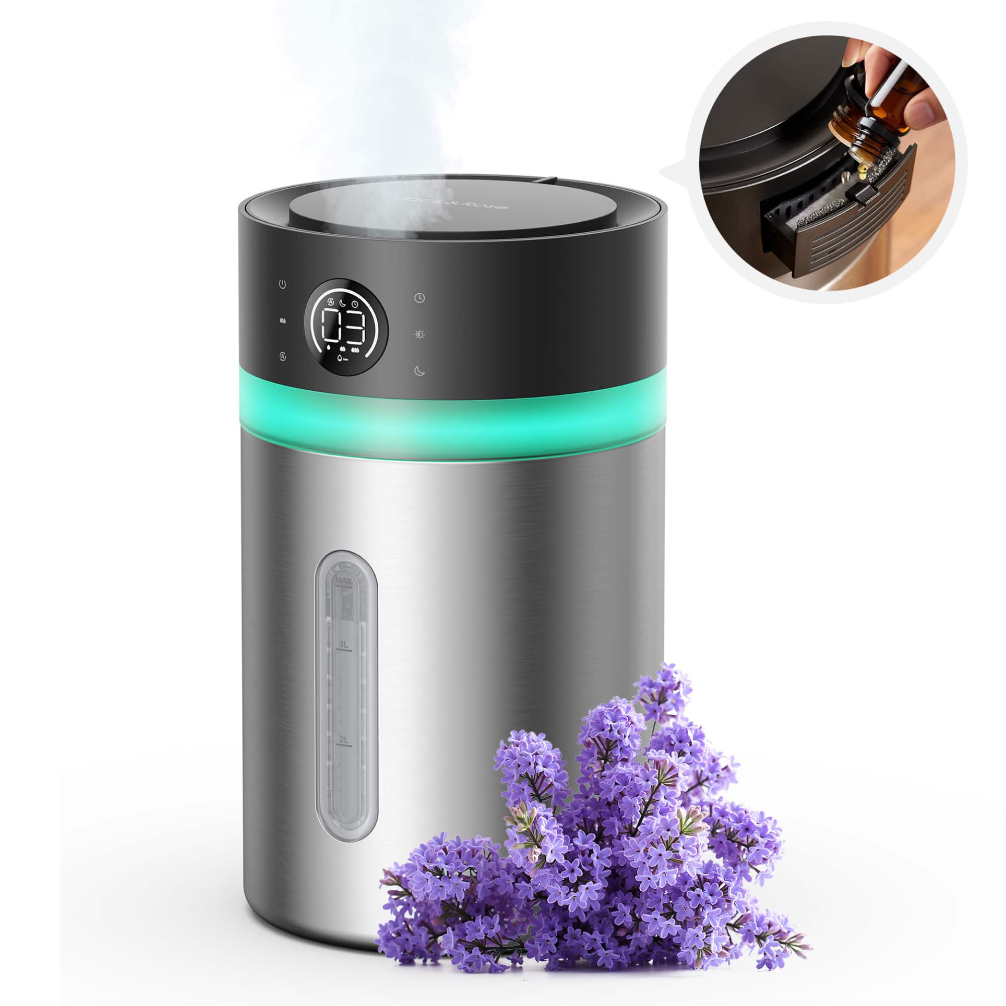 Oneisall - 3.8L Stainless Steel Cool Mist Humidifier Top Fill Aromatherapy Diffuser Adjustable Mist Timer Setting Night Light