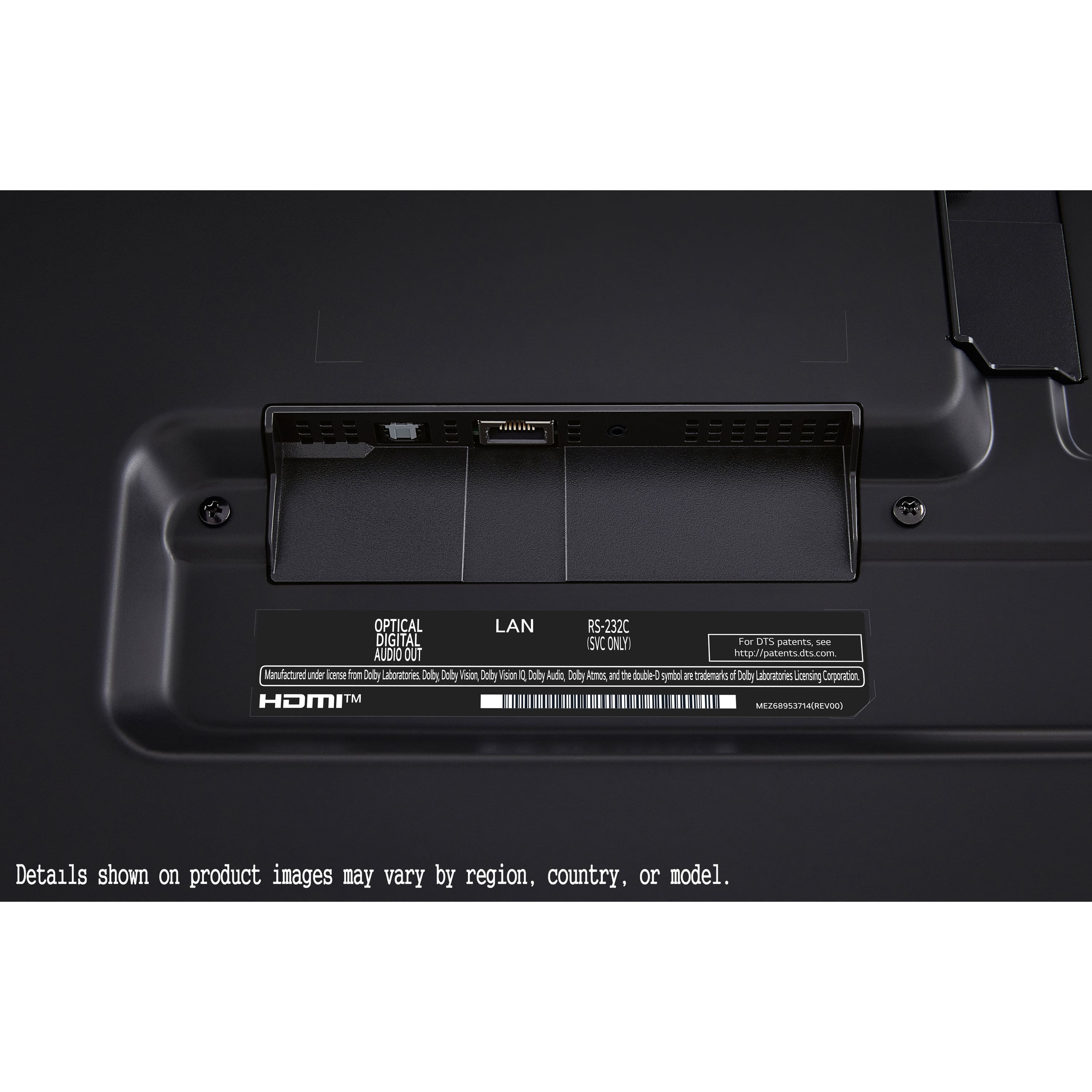 The text on the image is grouped and corrected as follows:
OPTICAL LAN RS-232C DIGITAL SVC ONLY For DTS patents sane AUDIO OUT <http://patents.dts.com> Manufactured under license from Dolby Laboratories LLC. HDMI TM MEZ6E953754(REVO6) Details shown on product images may vary by region, country, or model.